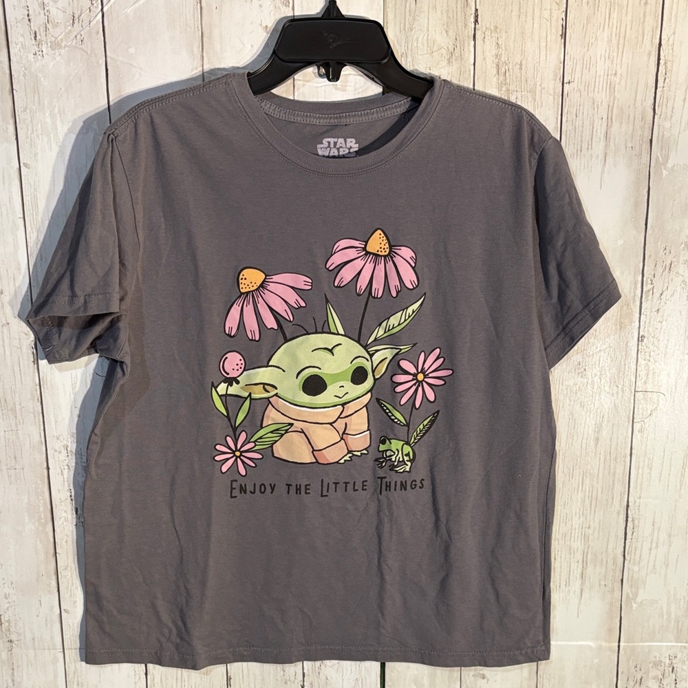 Star Wars Gray Tee with Baby Yoda and Pink Accents